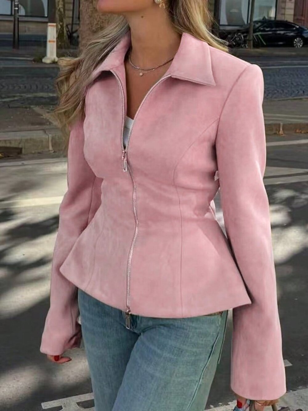 Pink Casual Women's Faux Suede Zip-Up Collar Jacket